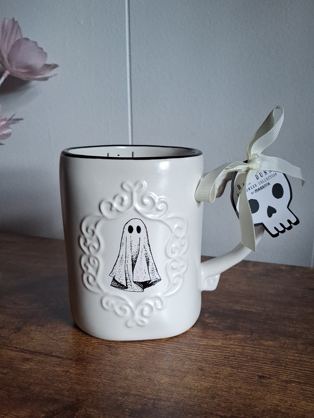 Rae Dunn Drink Up Ghost Filigree Ceramic Coffee Mug Halloween collection Magenta